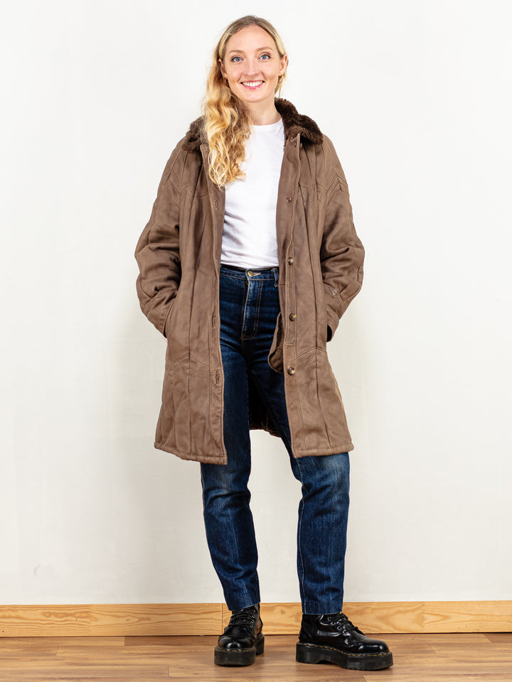 Vintage 80's Women Sheepskin Shearling Coat In Brown - NorthernGrip