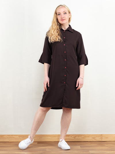 Brown Summer Dress women vintage brown shirtdress spring picnic dress sustainable fashion button front shift light dress size small