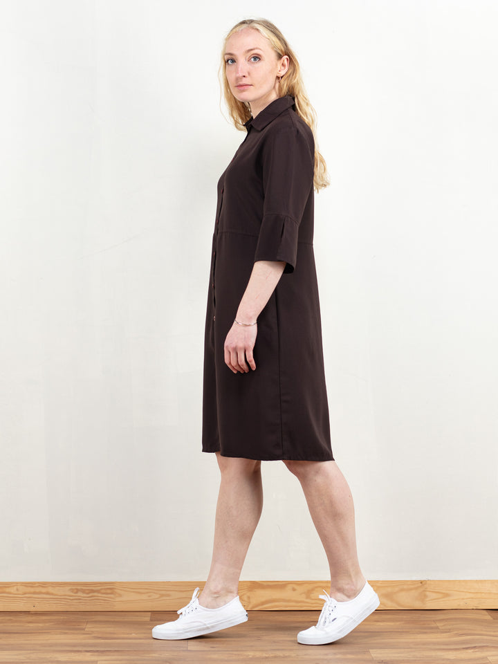 Brown Summer Dress women vintage brown shirtdress spring picnic dress sustainable fashion button front shift light dress size small