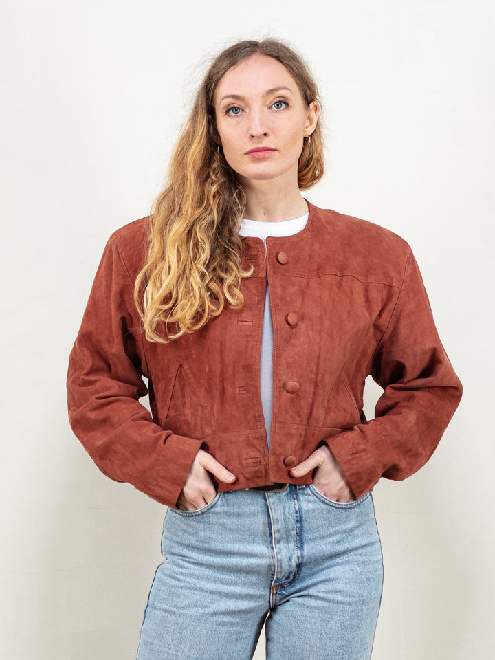 Suede Jacket Women vintage brown suede leather cropped blazer jacket padded shoulders 80s suede jacket vintage clothing size small
