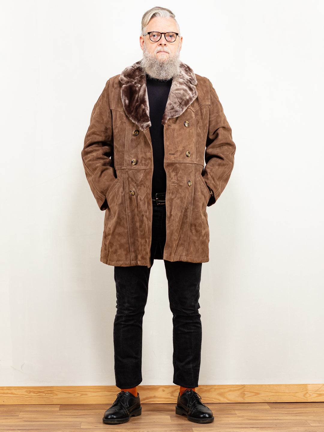 Men Suede Sherpa Coat vintage 70's brown suede leather faux shearling lined coat shearl collar coat classic men overcoat size large