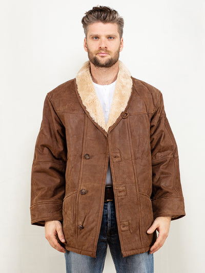 Suede Sherpa Coat vintage 80's brown suede leather coat acrylic faux shearling sherpa lined casual everyday boho style coat size large