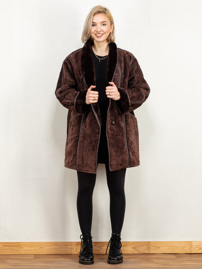 Suede Sherpa Coat women brown vintage 90's suede leather insulated faux shearling lined winter overcoat oversized suede size extra large XL