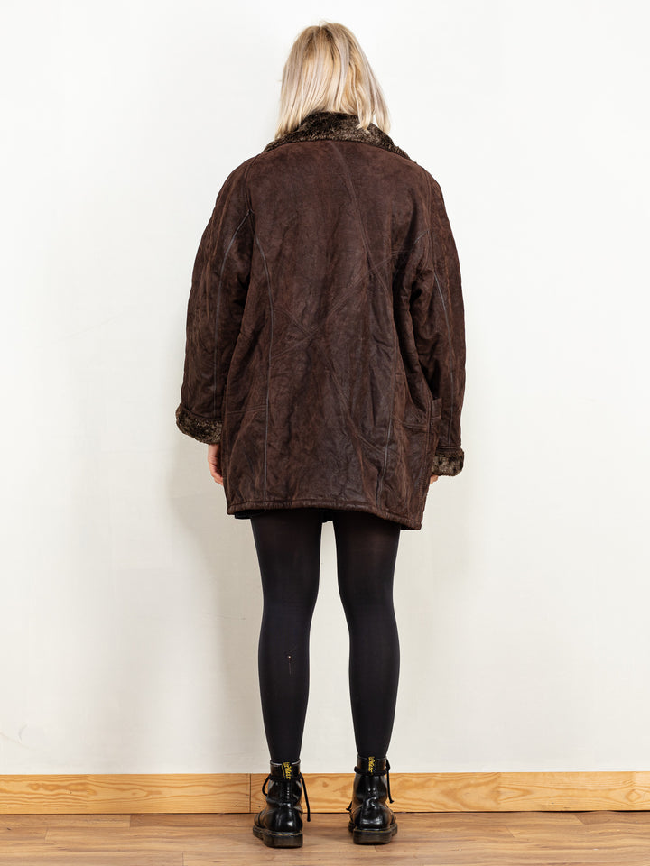 Suede Sherpa Coat women brown vintage 90's suede patchwork faux shearling lined winter overcoat oversized suede size extra large XL