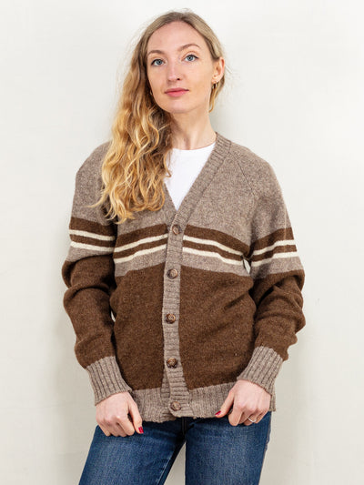Wool Blend Cardigan women 70s vintage brown striped pattern long sleeve V-neckline knitted jacket button up knit boho style plain size small