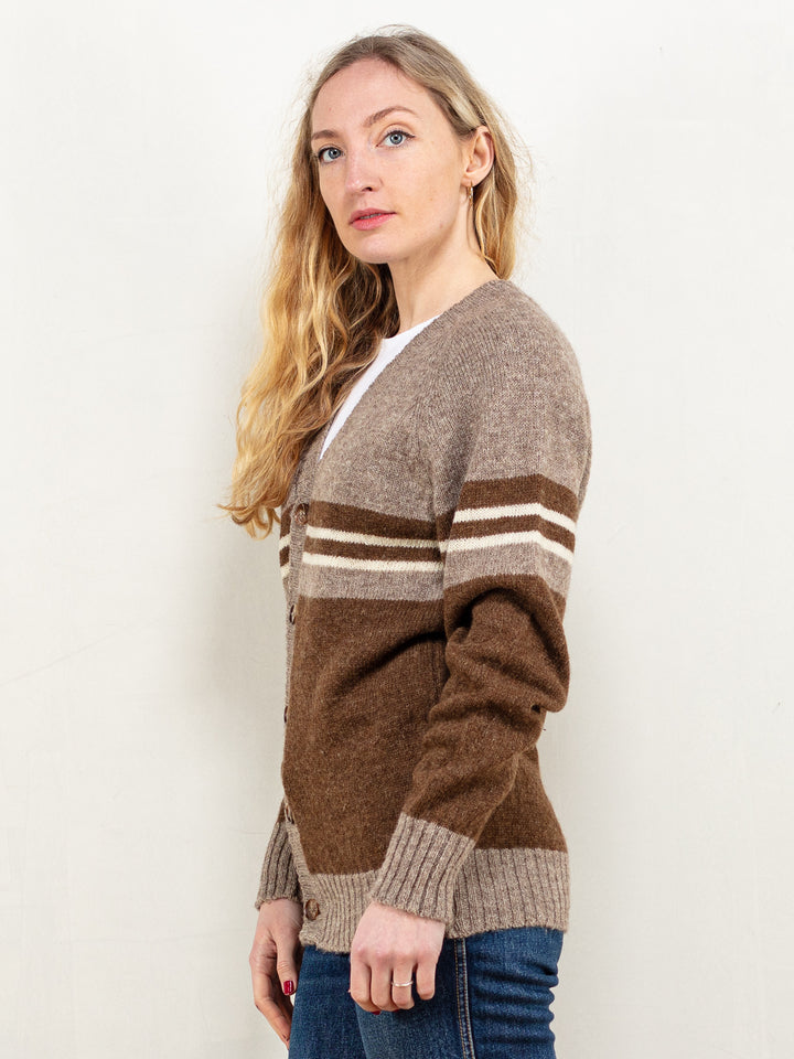 Wool Blend Cardigan women 70s vintage brown striped pattern long sleeve V-neckline knitted jacket button up knit boho style plain size small