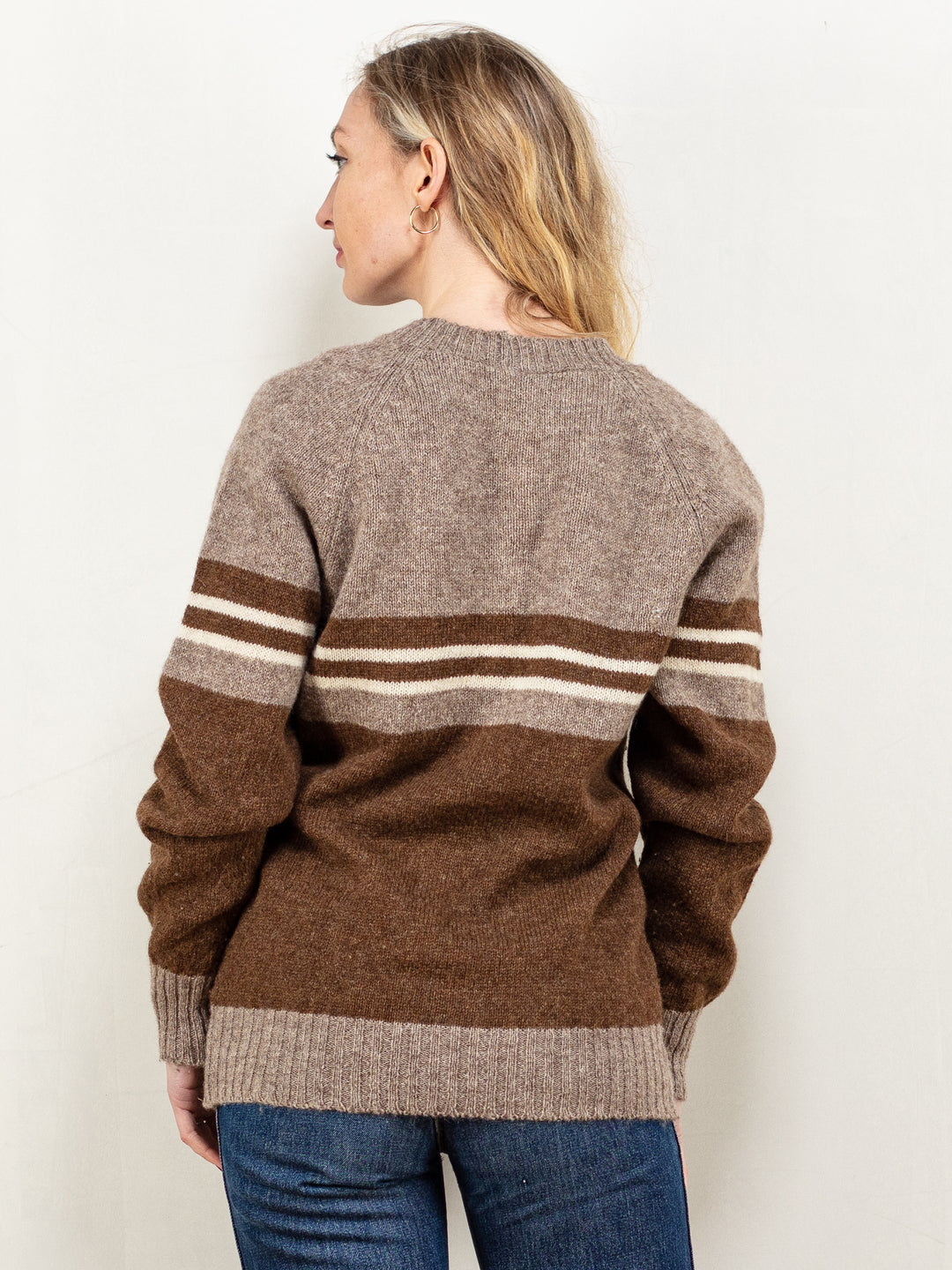 Wool Blend Cardigan women 70s vintage brown striped pattern long sleeve V-neckline knitted jacket button up knit boho style plain size small