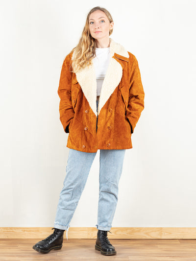 Vintage Suede Jacket sherpa collar 80s jacket burnt orange suede jacket notch lapels collar jacket parka vintage clothing size extra large