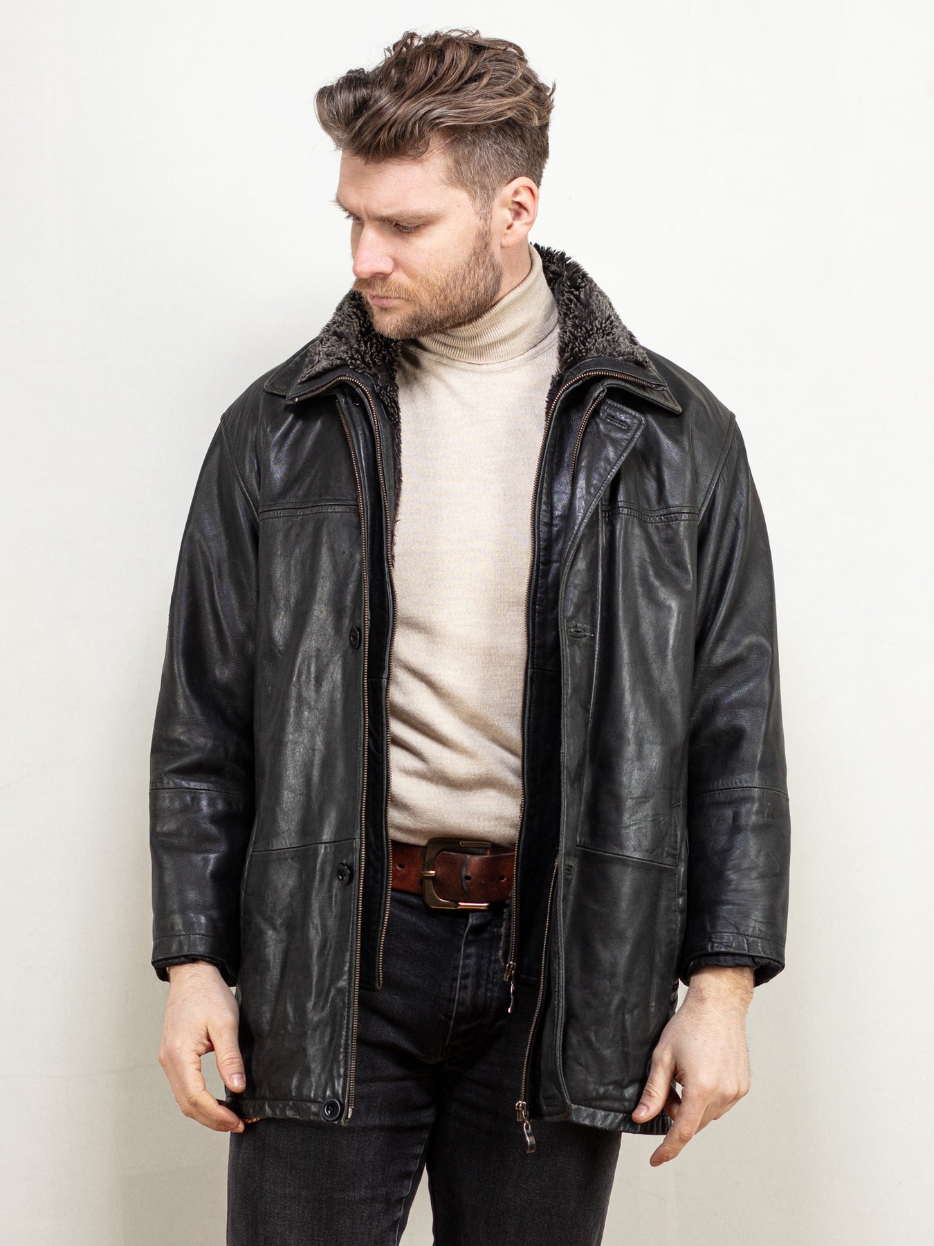 Online Vintage Store | 90's Men Leather Sherpa Coat | Northern