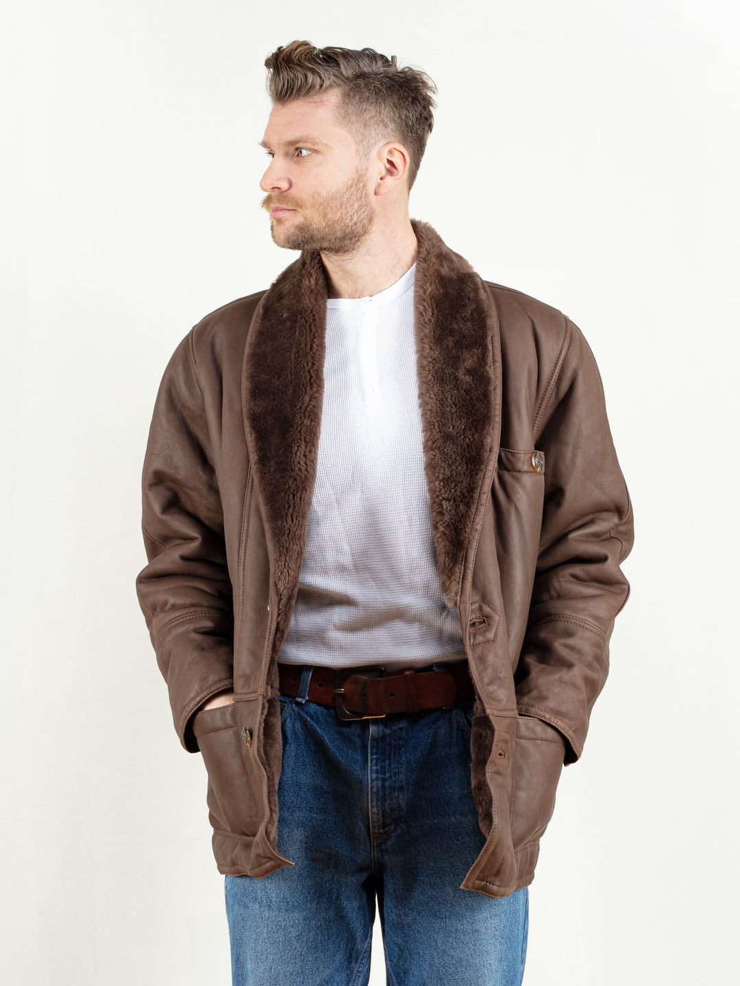 Brown Leather Sheepskin Coat men shearling vintage 70's coat western coat shearling mens coat winter overcoat vintage clothing size xl