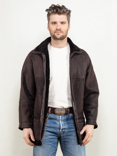 Sheepskin Men Coat 90's vintage men coat brown sheepskin leather shearling western RDR2 style men vintage clothing size medium M