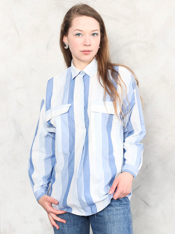 Artist Striped Blouse vintage pullover vintage smock shirt vintage clothing women shirt blue 80s cotton shirt vintage clothing size medium