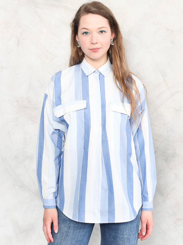 Artist Striped Blouse vintage pullover vintage smock shirt vintage clothing women shirt blue 80s cotton shirt vintage clothing size medium