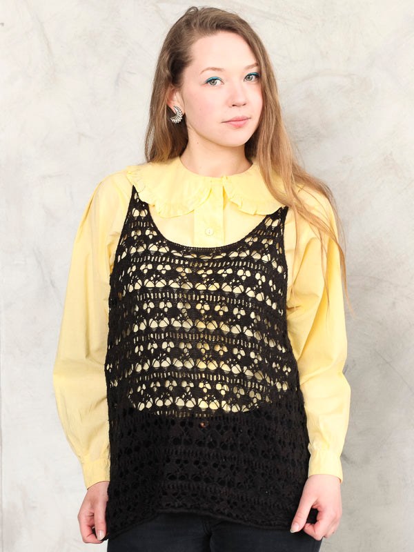 Women Crochet Top vintage 80s black see through semi sheer summer top crochet tee boho t-shirt bohemian chick outfit size s small