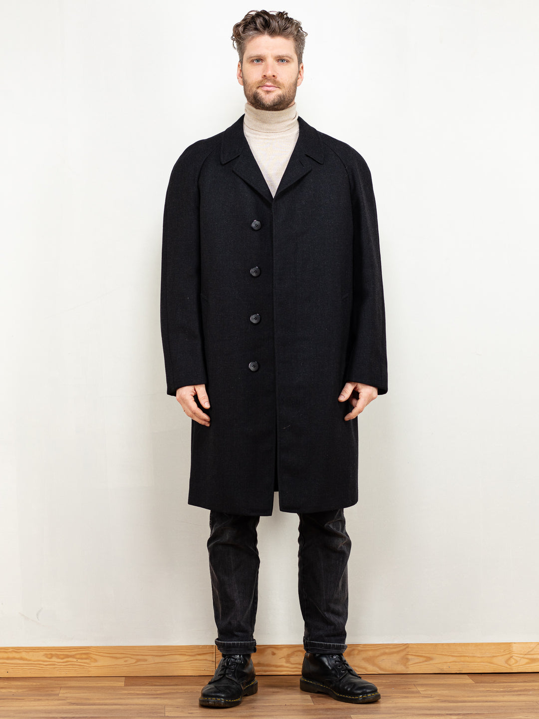 Men Wool Coat 80s dark grey wool blend overcoat classic smart casual tweed style 80s minimalistic preppy style outerwear size large