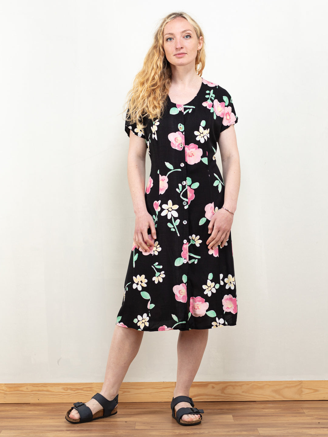 Button Front Dress women 90s floral airy summer flower pattern viscose short sleeve dress size small
