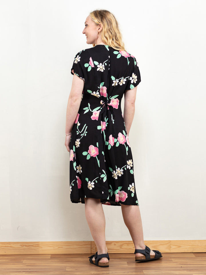 Button Front Dress women 90s floral airy summer flower pattern viscose short sleeve dress size small