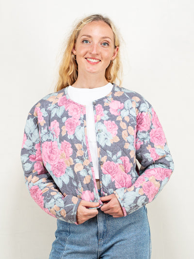 Quilted Floral Jacket women flower pattern floral jacket cropped length light jacket quilted summer jacket boho style jacket size medium