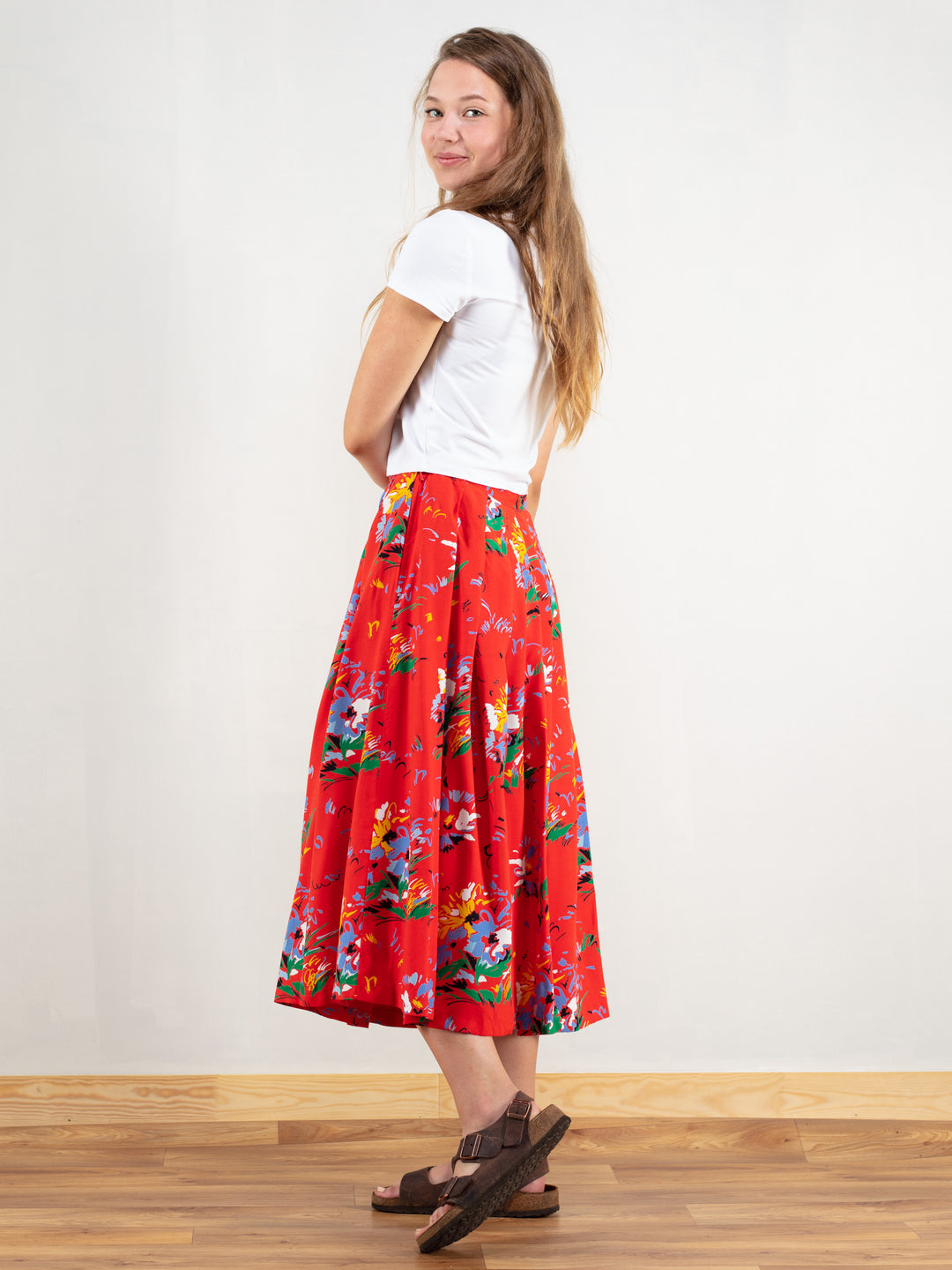 Vintage 70's Red Floral Women Skirt