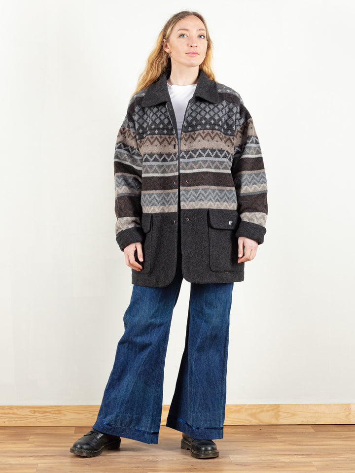 Geometric Pattern Coat wool blend 80s blanket coat button up oversized wool jacket boho outerwear 80s vintage clothing size extra large