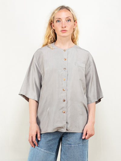 Grey Silk Blouse vintage classic shirt retro summer gray minimalist blouse women short sleeve shirt vintage clothing size large