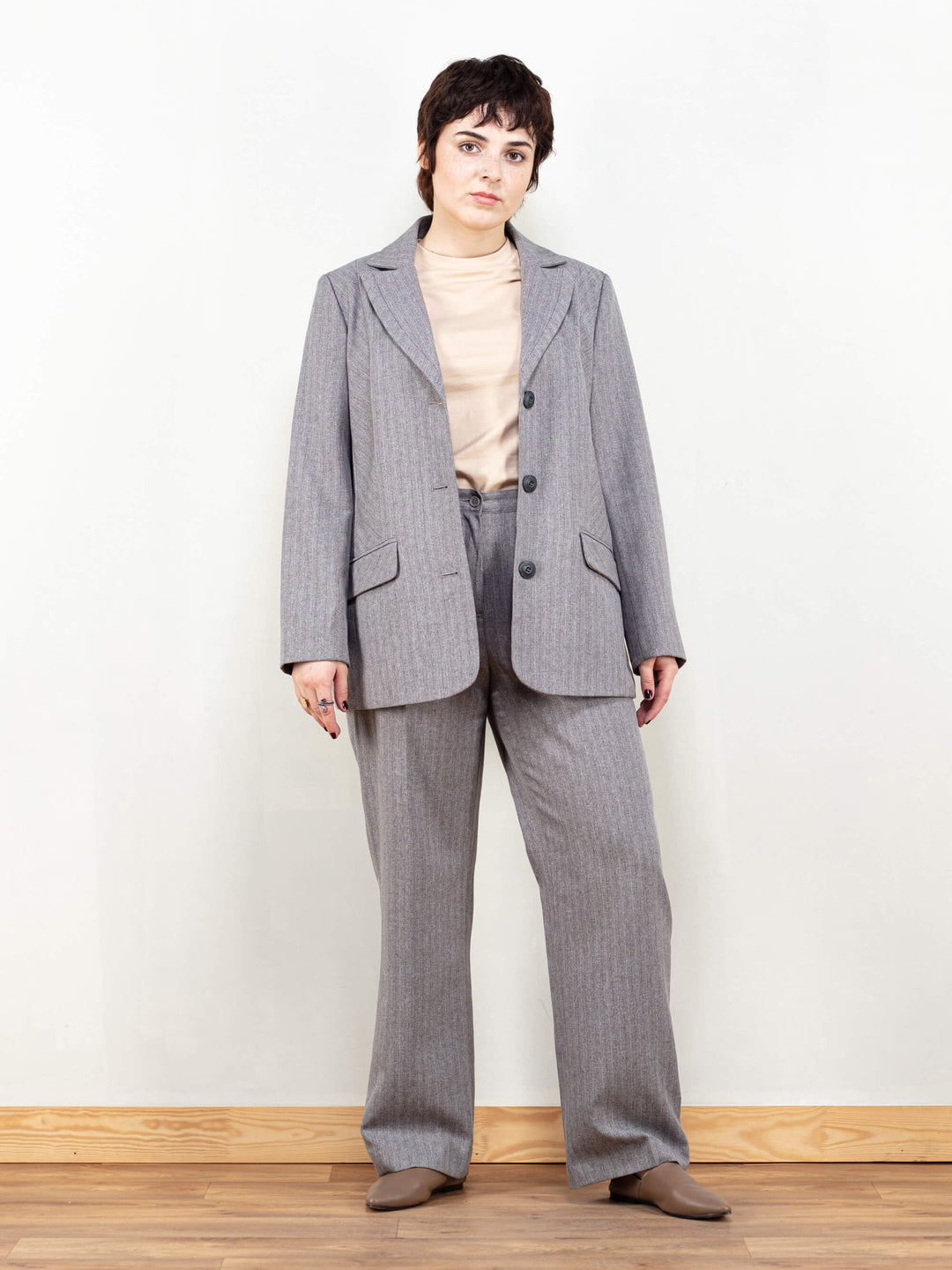 Women Pant Suit vintage 90s gray striped pantsuit two piece business suit straight leg pants and blazer set vintage clothing size medium