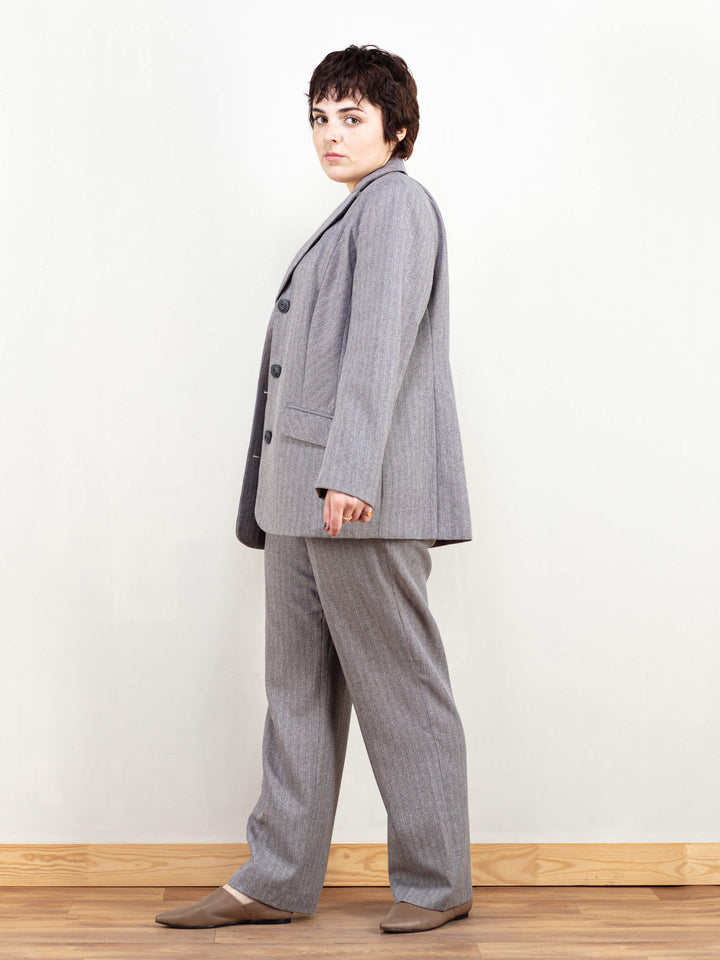 Women Pant Suit vintage 90s gray striped pantsuit two piece business suit straight leg pants and blazer set vintage clothing size medium