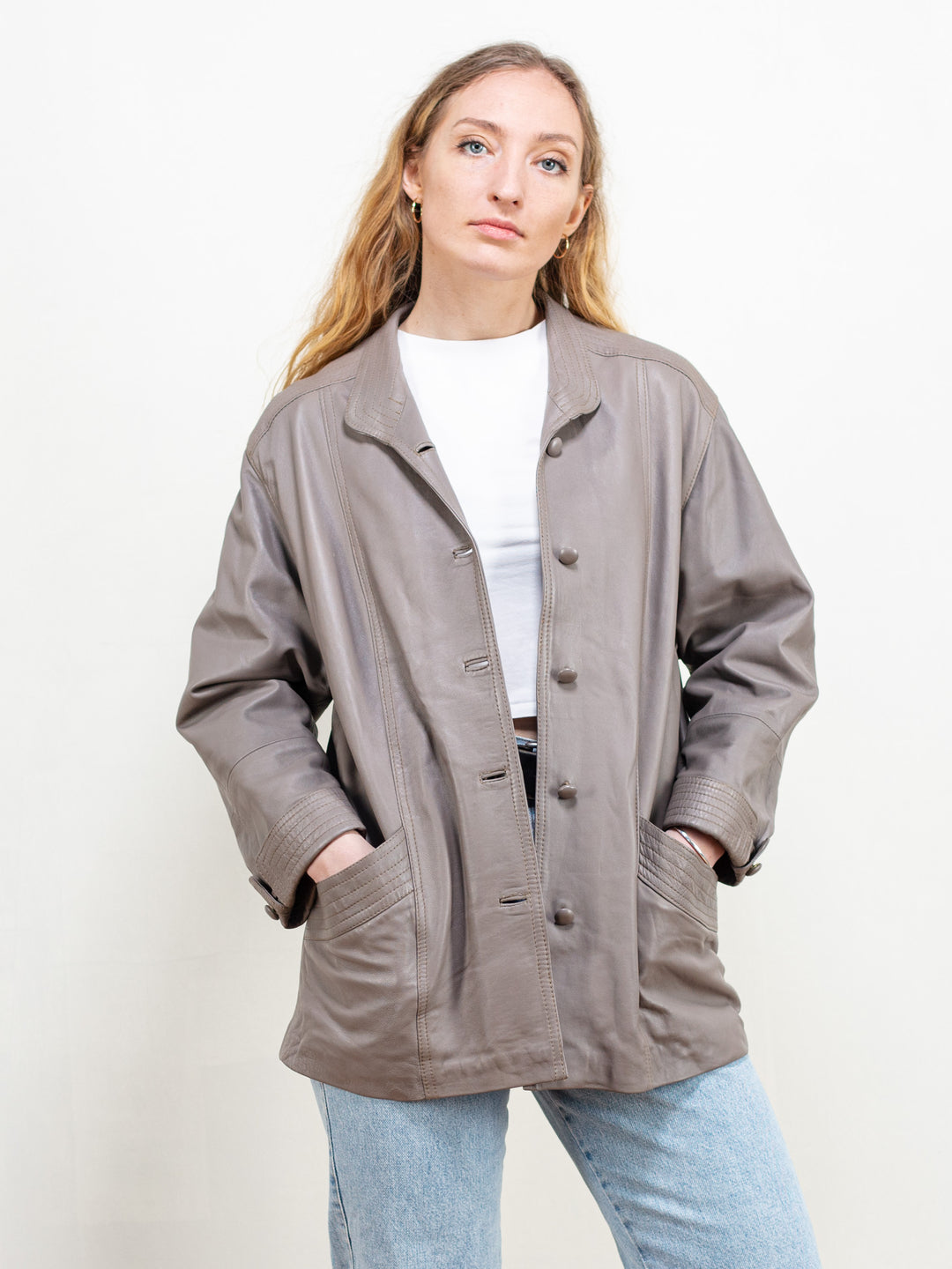 Women Leather Jacket vintage taupe leather jacket simple minimalistic leather jacket 70s vintage clothing leather blazer jacket size large