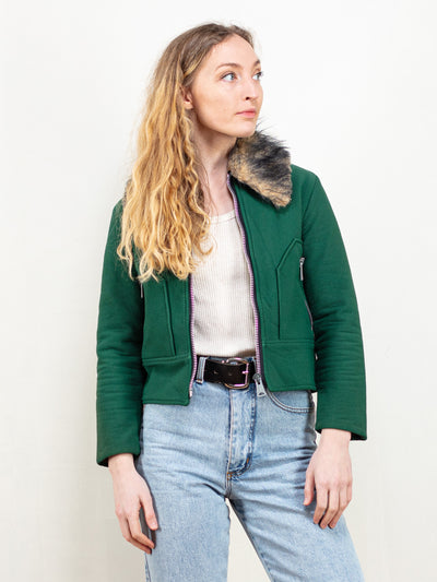 70s Green Jacket vintage women cropped length padded jacket faux fur collar chunky zipper jacket 70s vintage clothing size extra small