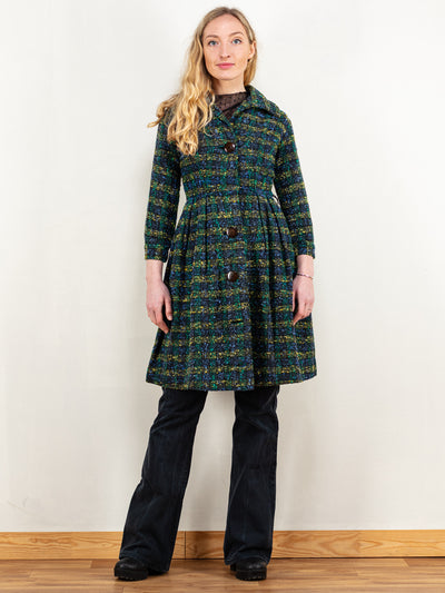 50's Plaid Coat women blue plaid green woven princess coat bracelet sleeve women coat 50's slim waist wool blend coat size extra small XS