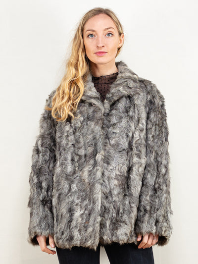 Grey Fur Coat 70's button up women fur short coat luxurious fancy opera coat wife gift idea grey curly fur coat sustainable size large