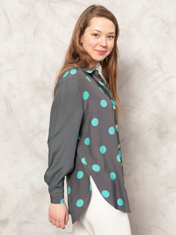 Vintage Women Shirt polka dot blouse 80s grey patterned shirt long sleeve blouse button up shirt silky 80s shirt vintage clothing size large