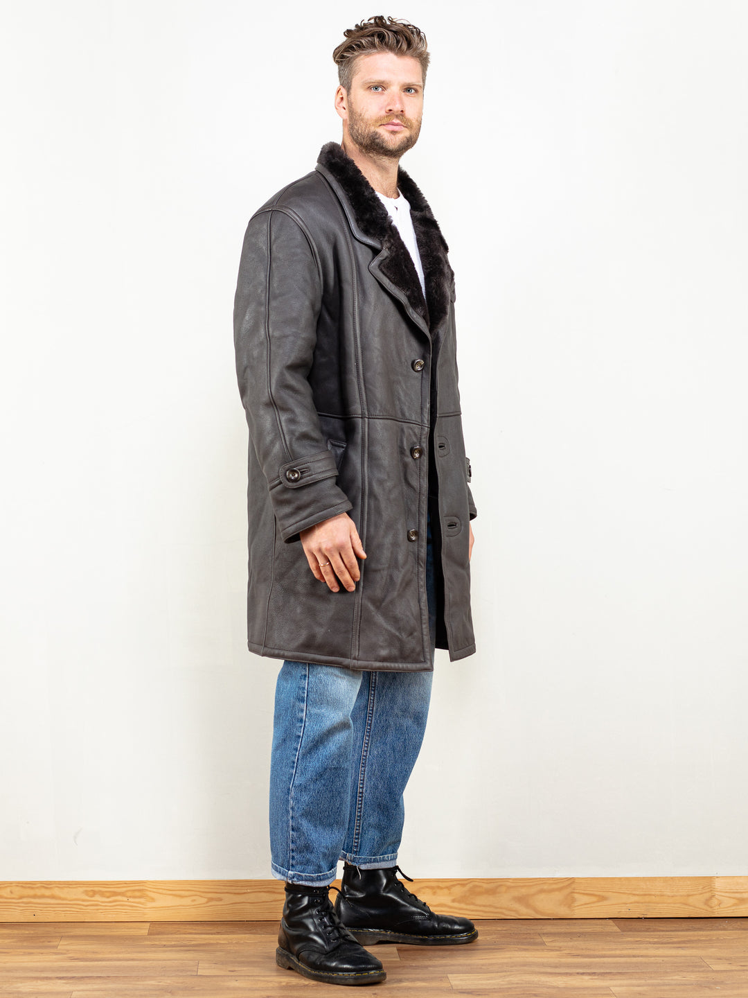 Sheepskin Shearling Coat vintage 70’s grey leather coat men winter overcoat vintage sheepskin leather boho clothing outwear size large L