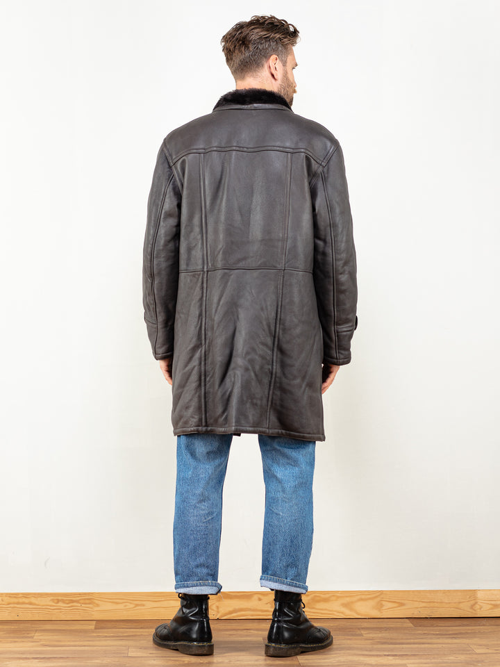 Sheepskin Shearling Coat vintage 70’s grey leather coat men winter overcoat vintage sheepskin leather boho clothing outwear size large L