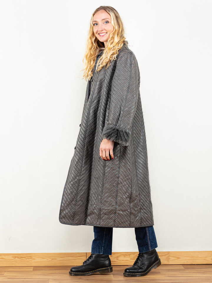 Sheepskin Coat Women 80’s vintage grey chevron studio 54 maxi winter outerwear shearling coat bianca jagger disco raglan size large L