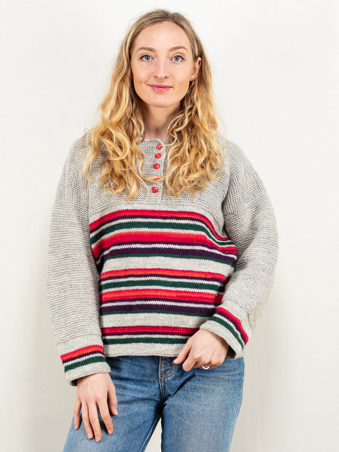 Grey Striped Sweater women vintage 80's handmade knitted wool blend henley neckline pullover colourful stripe pattern jumper size medium