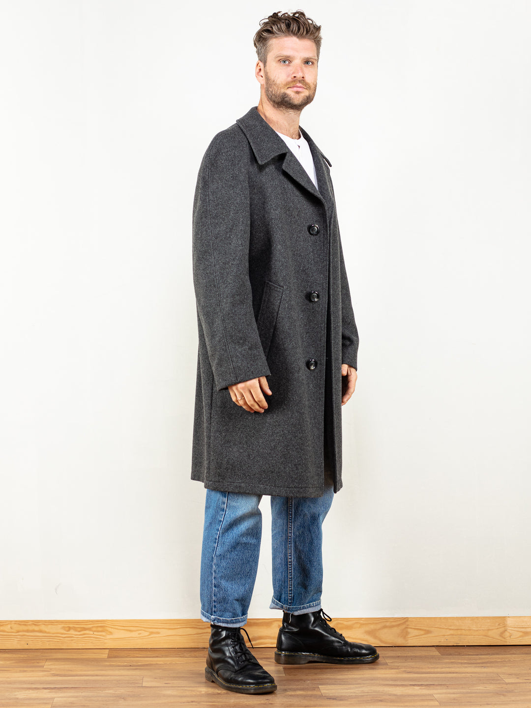 Vintage 70's Men Wool Coat In Grey - NorthernGrip