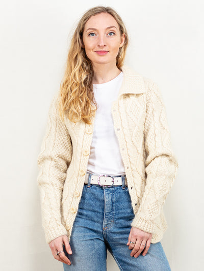 70s Women Cardigan vintage hand knitted retro creamy white women jacket button up collar cardigan retro knitwear size extra small XS