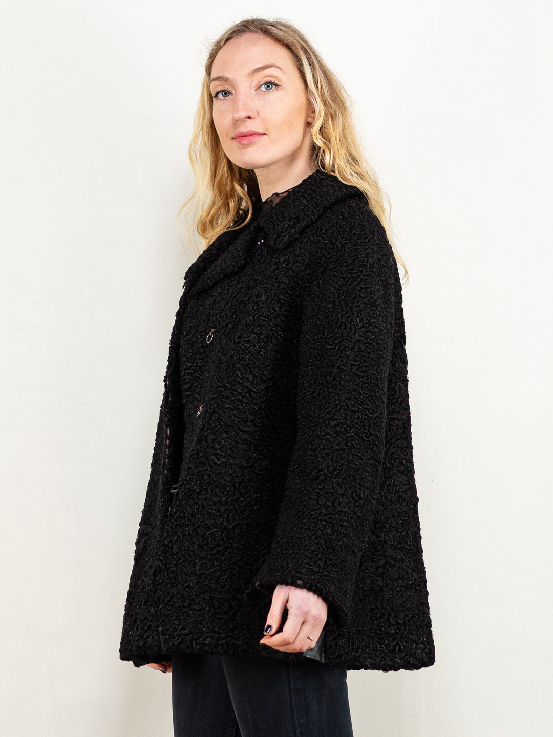 Black Karakul Coat women vintage 70s lamb fur winter jacket outerwear flute sleeve retro 70s winter coat vintage clothing size medium