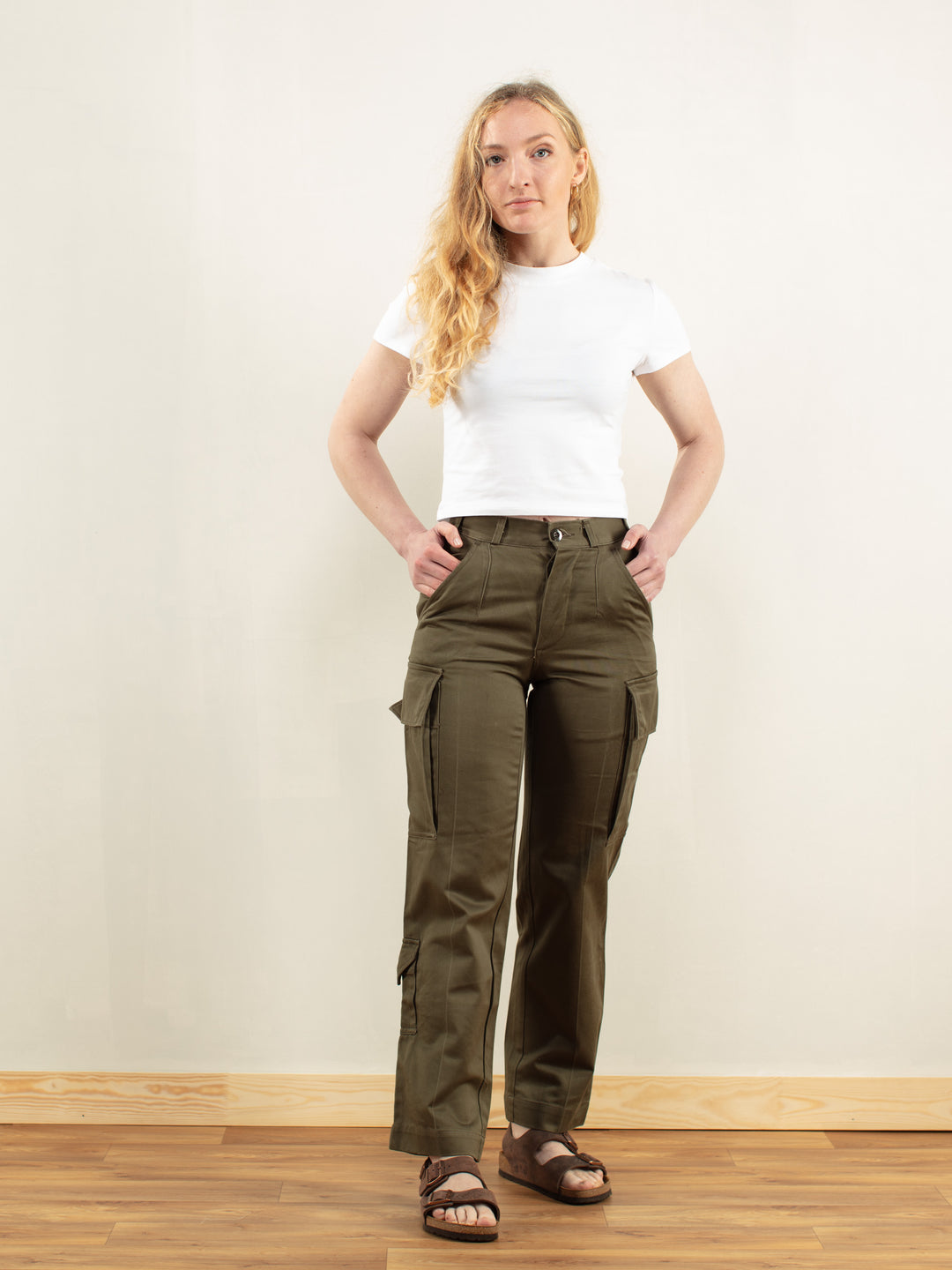 70s Military Pants women vintage khaki green cargo trousers pleated army pants high waist straight leg utility pants size small
