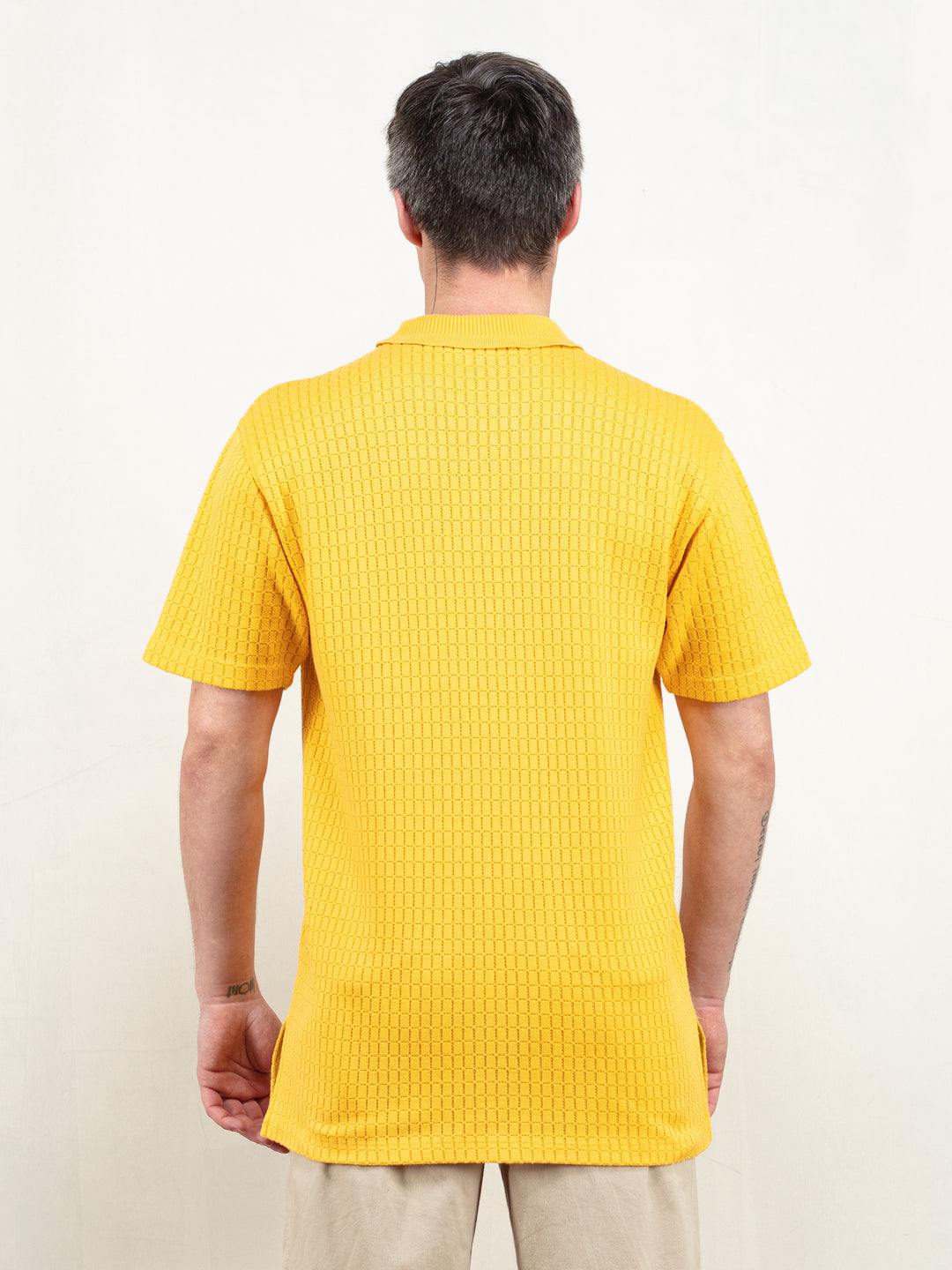 Men Knitted T-shirt 80s yellow cotton knit zip neck collared polo shirt men sun yellow short sleeve polo shirt summer t-shirt size medium