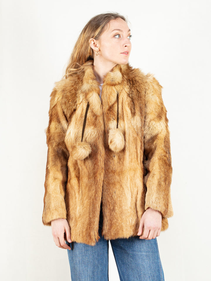 Real Fur Coat women vintage 70s brown coat winter peacoat 70s fox fur retro opera coat fancy winter vintage clothing size small