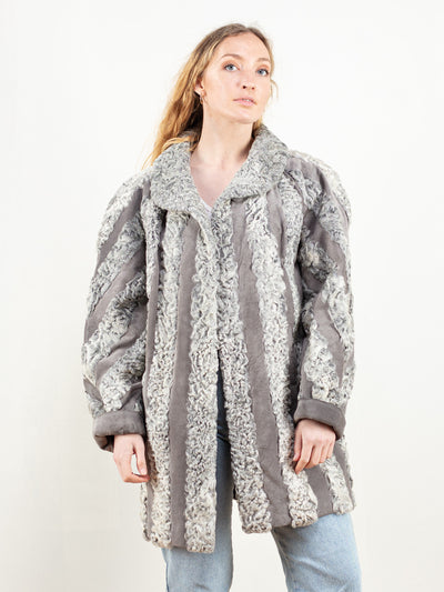 Grey Shearling Winter Coat women vintage 70s sheepskin winter outerwear suede leather women coat 70s vintage clothing size large