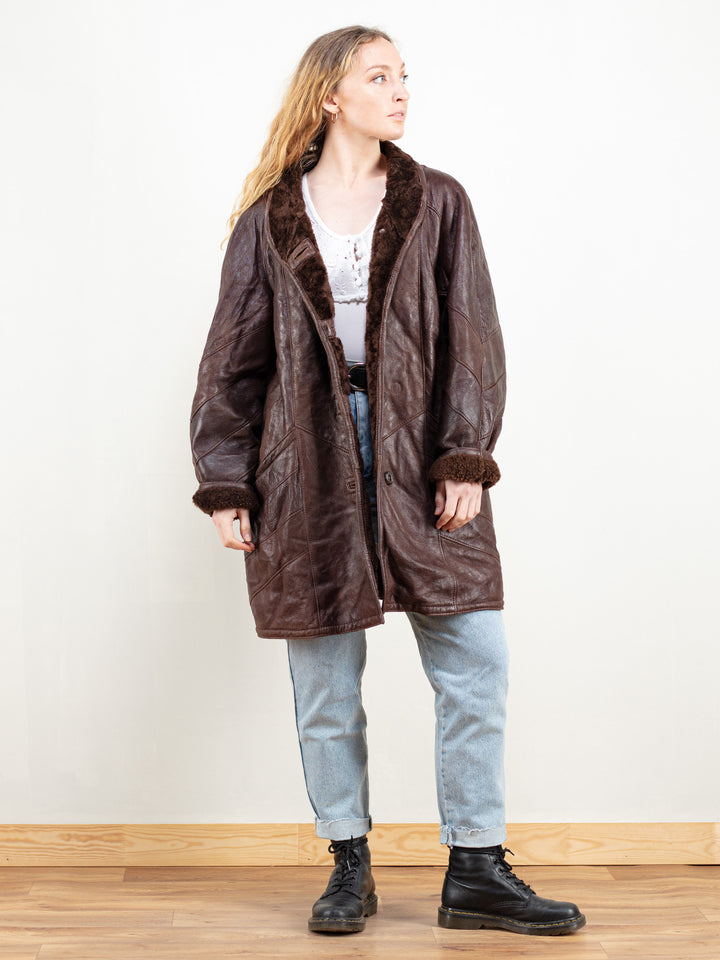 Brown Leather Sheepskin Coat vintage 70s shearling winter outerwear sheepskin retro coat 70s vintage clothing size extra large xl