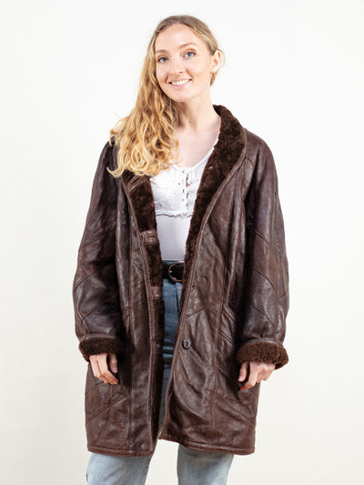 Brown Leather Sheepskin Coat vintage 70s shearling winter outerwear sheepskin retro coat 70s vintage clothing size extra large xl