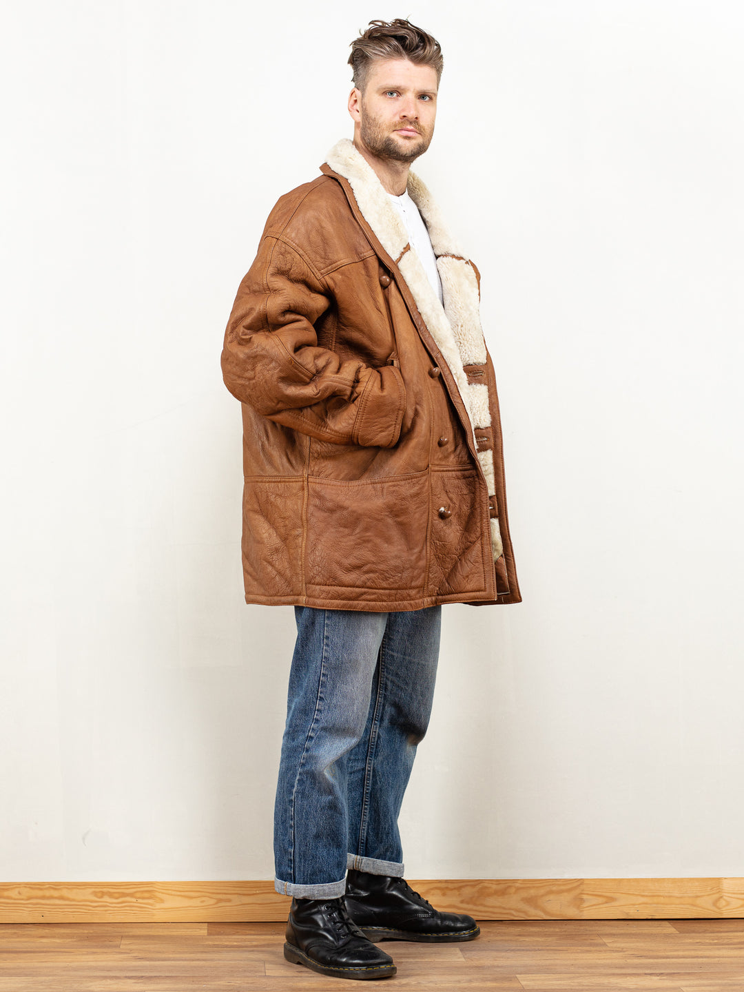 Men Sheepskin Coat 80's leather shearling sustainable overcoat brown warm winter outerwear boho style casual coat size extra large XL