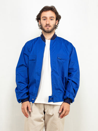 Men Bomber Jacket blue work jacket 80's light summer jacket casual workwear zip up jacket men vintage clothing chore painter size large L