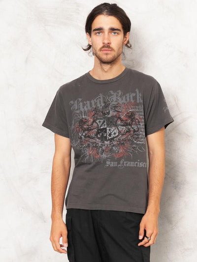 Vintage Hard Rock T-Shirt . Men Short Sleeve Logo Print 90's Shirt Sports Wear Shirt Grey Shirt Men Biker T-Shirt . size Medium M