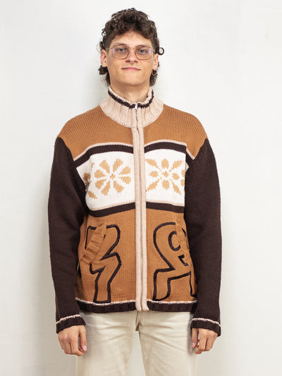 Men Vintage Cardigan 70's aztec patterned southwestern cowichan cardigan zip sweater vintage wool boho men sweater knitwear size medium