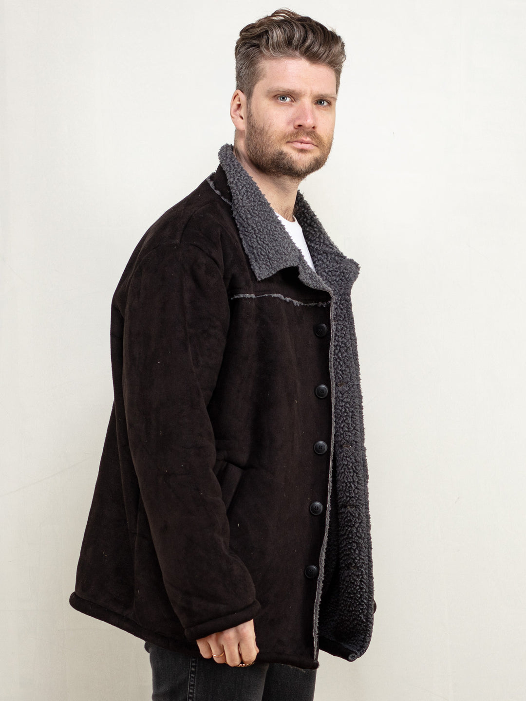 Men Faux Suede Coat 90's black coat faux suede sherpa faux shearling overcoat western style coat vintage men clothing size extra large XL